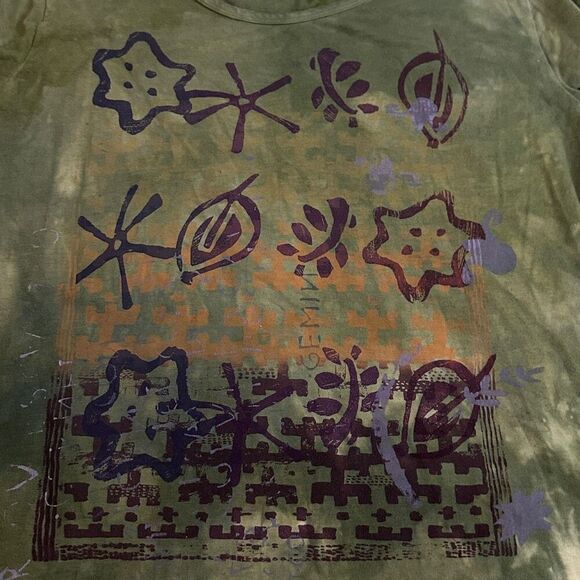 90s Blue Fish Hand Printed Organic Cotton Top Sz 0 / M Lagenlook Boho Artwear - Picture 10 of 10